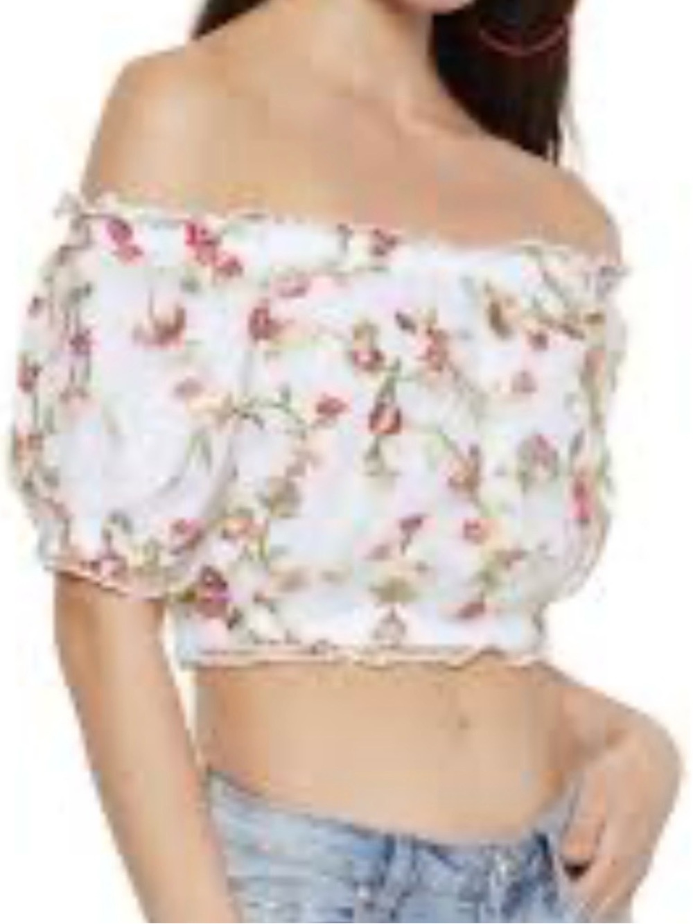 Ambiance M White Floral Embroidered Off-Shoulder Crop Top Cottagecore Romantic